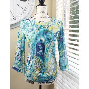 TALBOTS Petite 6 Paisley Blue 100% Cotton 3/4 Sleeve
